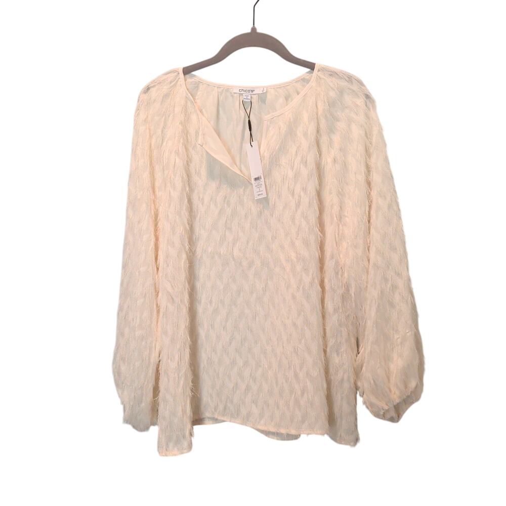 NWT Chico's Sz 2 (US 12) Cream Feathered Pullover Peasant Top Split Neck